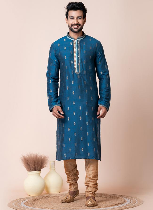 Jacquard Silk Blue Festival Wear Printed Readymade Kurta Pajama